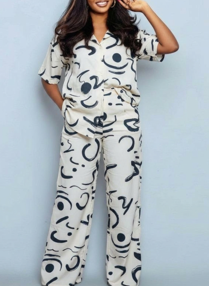 Abstract Art Two-Piece Co-ord Set — Cream & Black Abstract Print