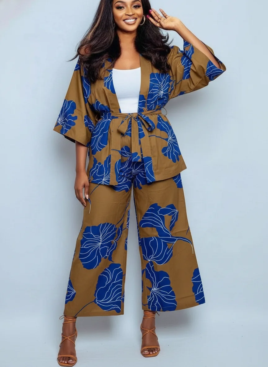 Wrap & Bloom Two-Piece Co-ord Set — Camel Brown & Royal Blue Floral