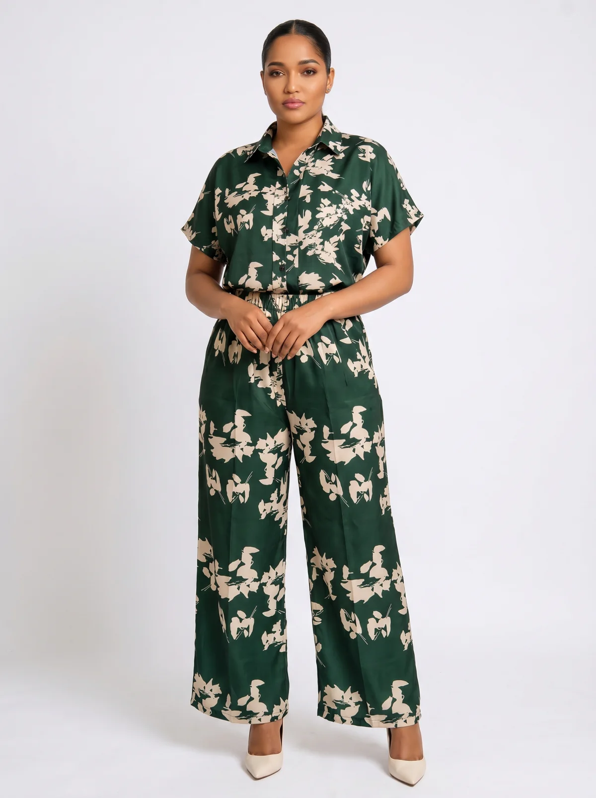 Forest Blossom Two-Piece Co-ord Set — Deep Green & Cream Abstract Floral