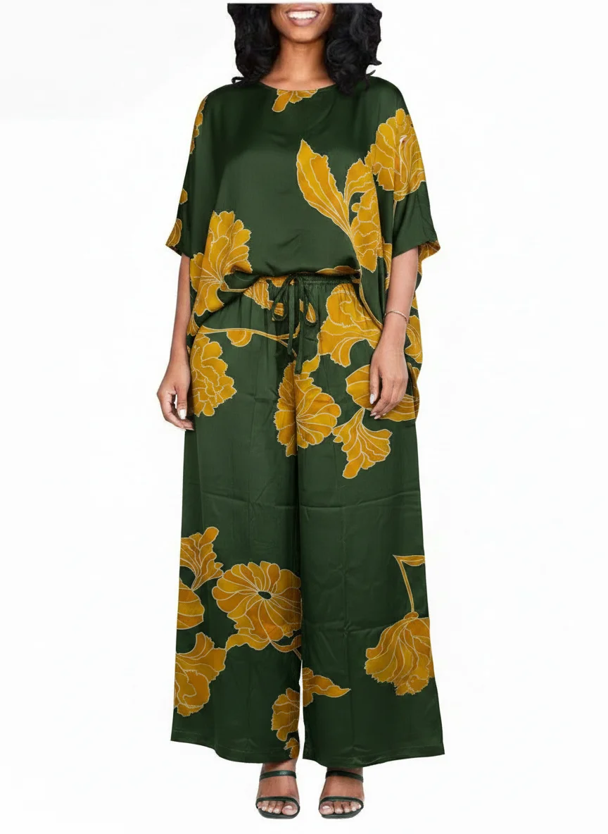 Bold Blooms Two-Piece Co-ord Set — Forest Green & Gold Floral