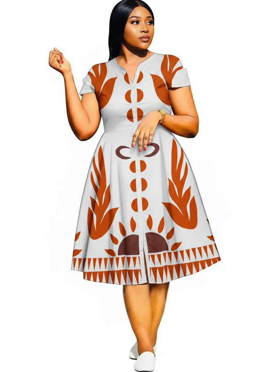 Heritage Fire Maxi Dress — White, Burnt Orange & Maroon Tribal Print