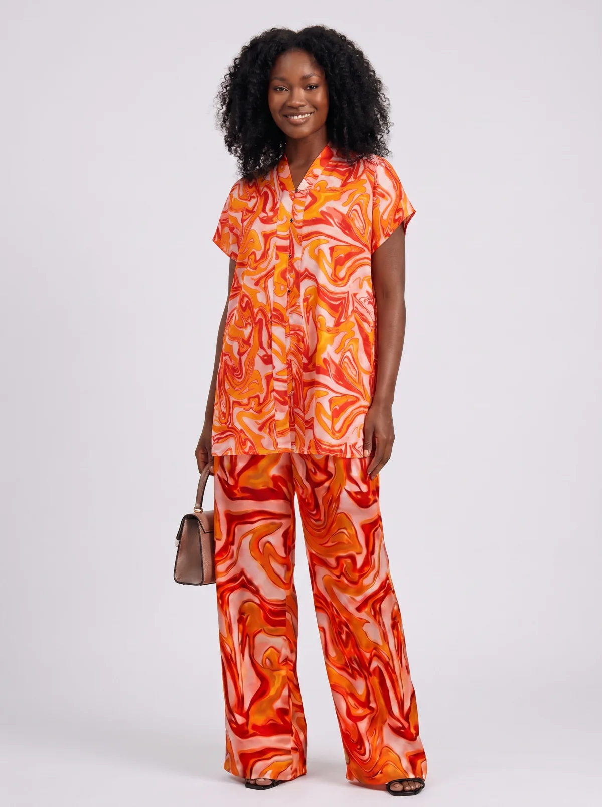 Lava Flow Two-Piece Co-ord Set — Red, Orange & White Marble Swirl Print