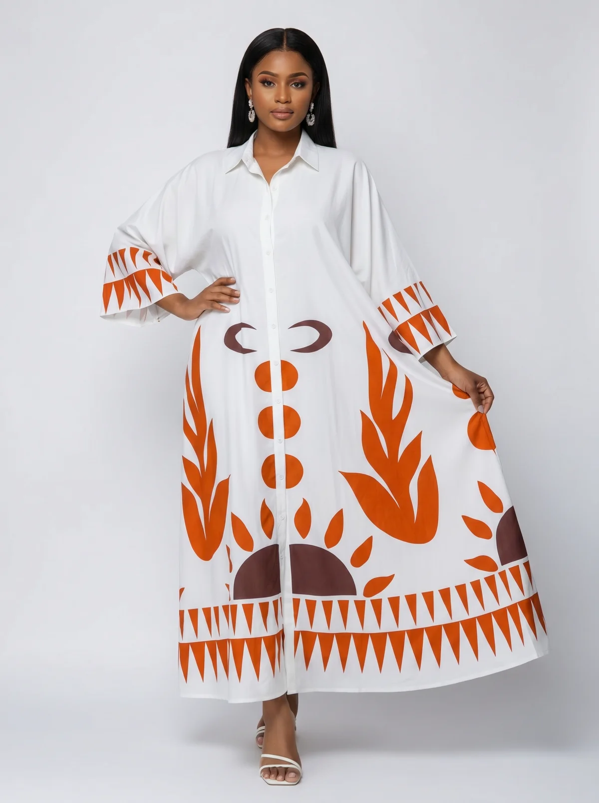Heritage Fire Maxi Dress — White, Burnt Orange & Maroon Tribal Print