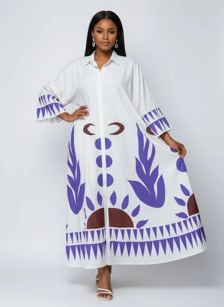 Royal Heritage Maxi Dress — White, Royal Purple & Maroon Tribal Print