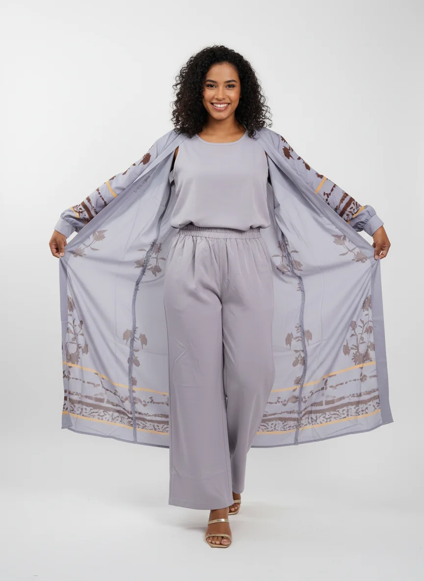 Lavender Mist Three-Piece Set — Lilac Floral Duster, Lavender Top & Trousers