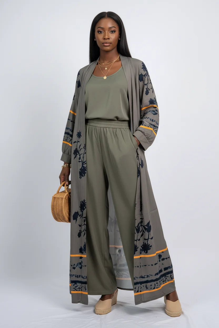 Earthy Elegance Three-Piece Set — Khaki Floral Duster, Top & Trousers