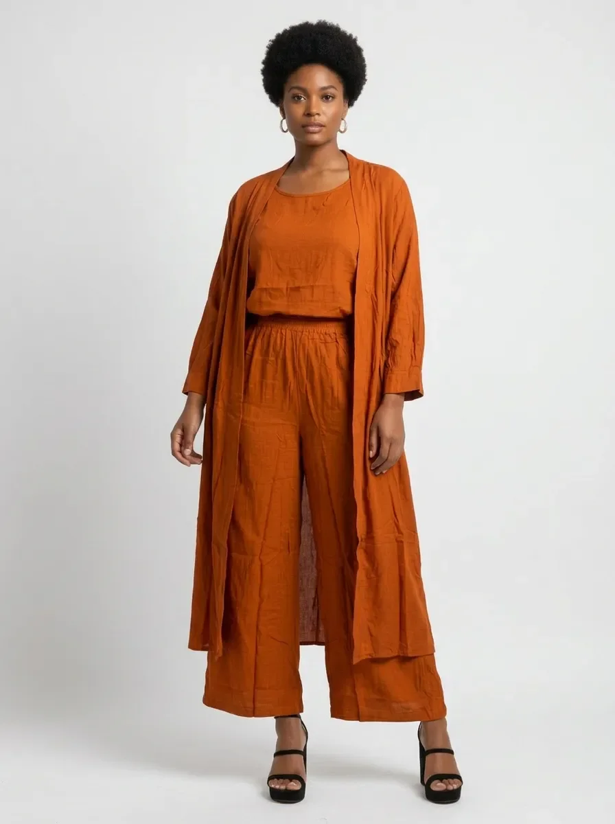 Blaze of Glory Three-Piece Set — Burnt Orange Linen Duster, Top & Trousers