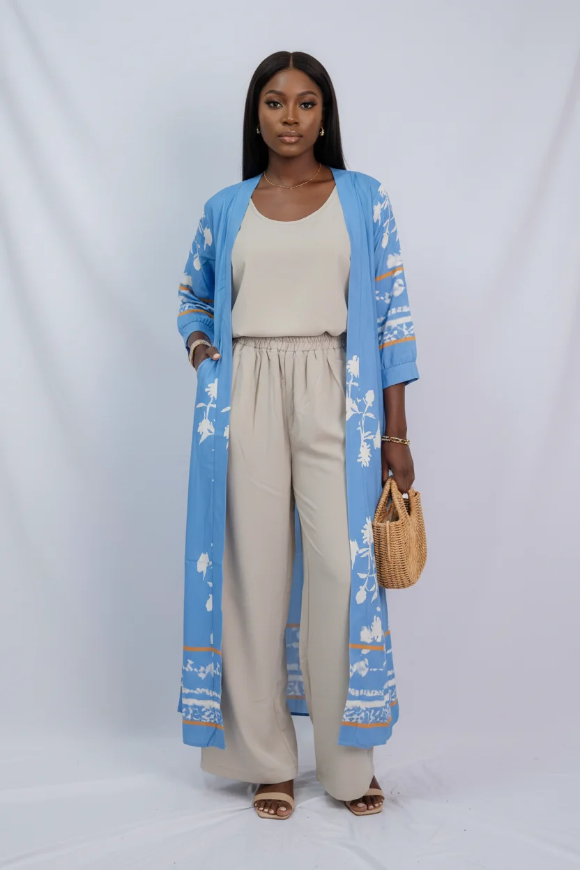 Sky Blossom Three-Piece Set — Sky Blue Floral Duster, Beige Top & Trousers