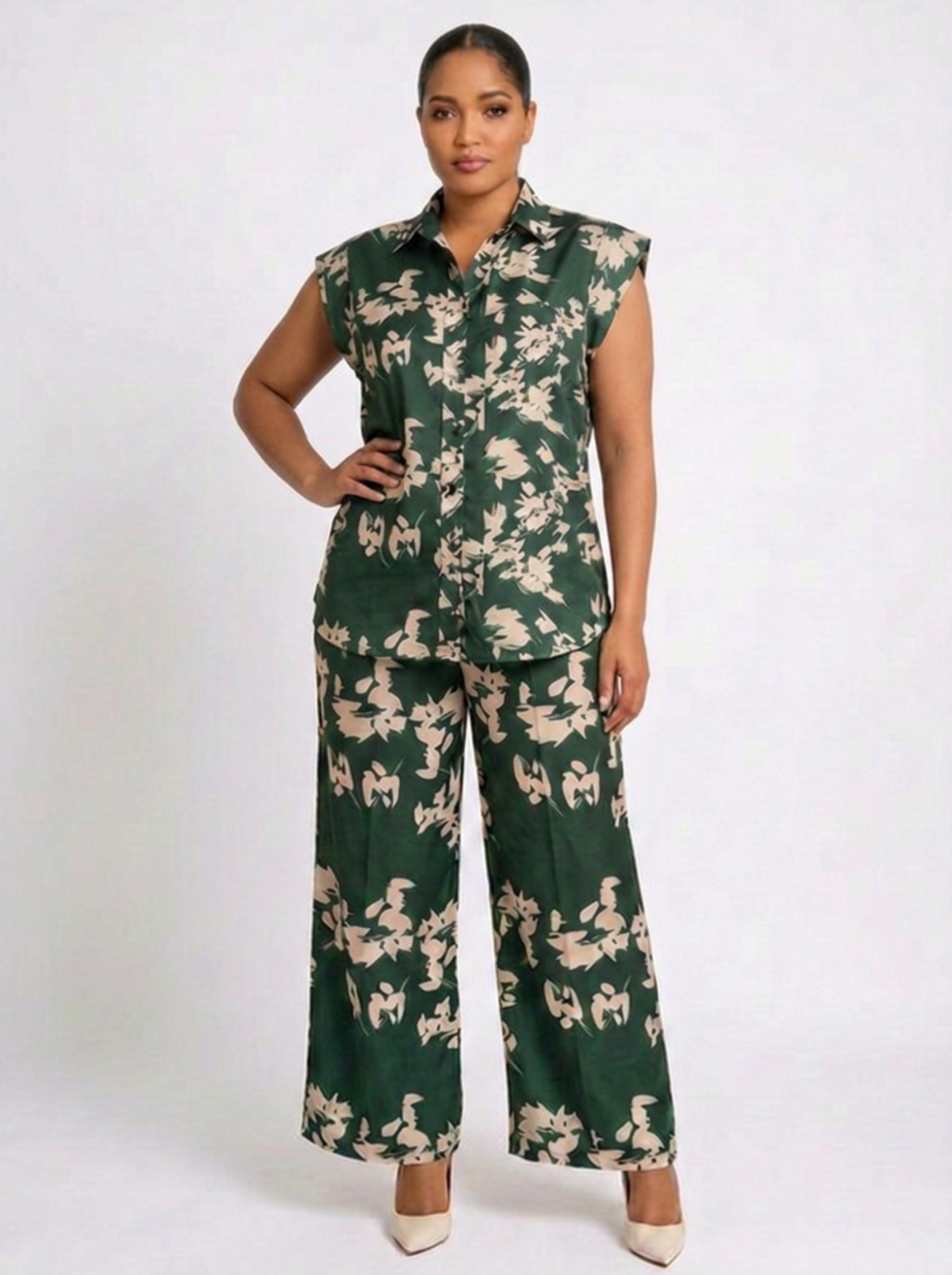 Forest Blossom Two-Piece Co-ord Set — Deep Green & Cream Abstract Floral