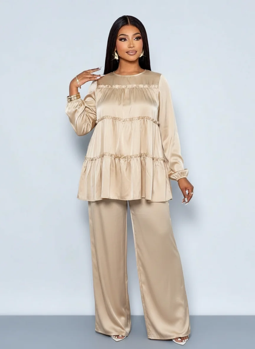 Champagne Toast Two-Piece Co-ord Set — Champagne Gold Tiered Ruffle Top & Wide-Leg Trousers