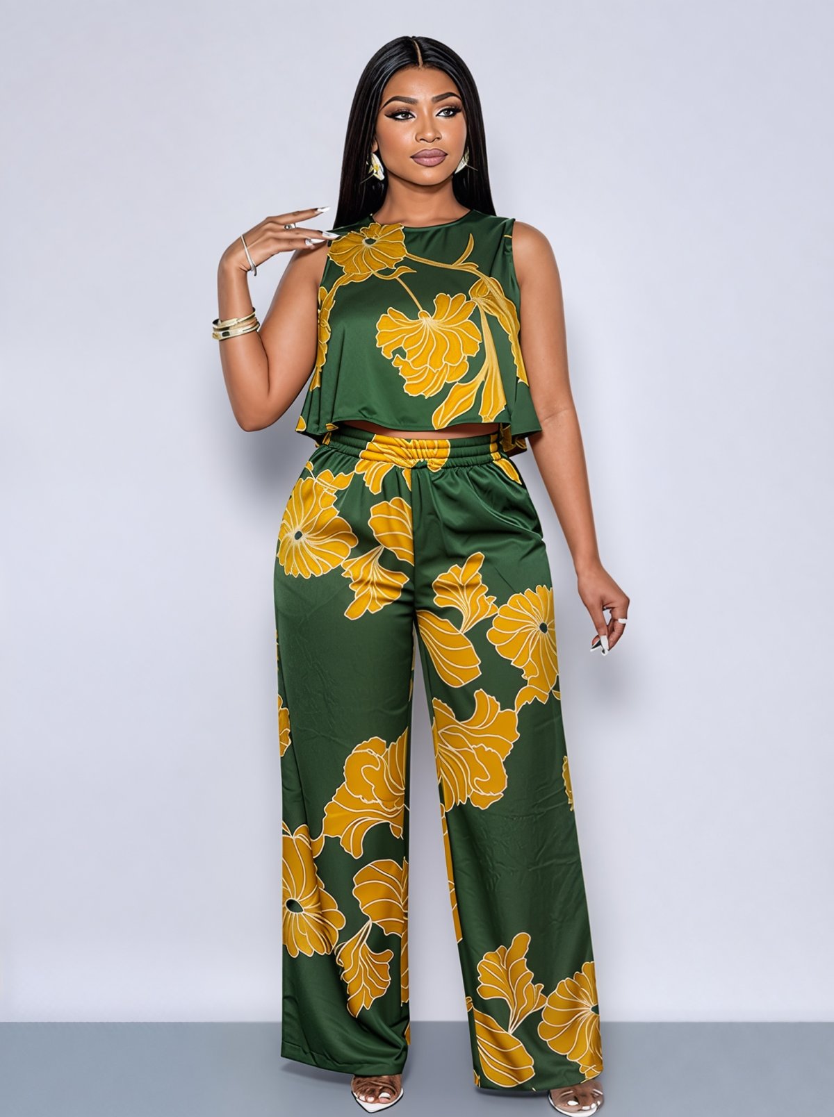 Bold Blooms Two-Piece Co-ord Set — Forest Green & Gold Floral