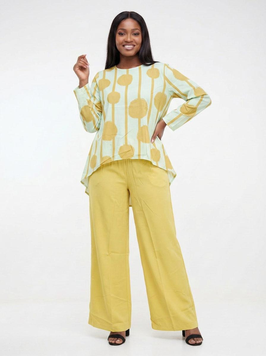 Lemon Sorbet Two-Piece Co-ord Set — Mint Green, Yellow & Gold Circle Print Top & Lemon Wide-Leg Trousers