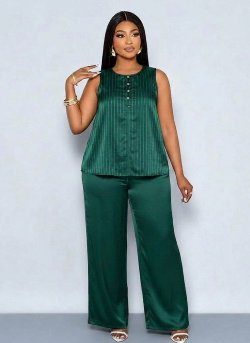 Emerald Elegance Two-Piece Co-ord Set — Deep Green & Gold Lurex Stripe