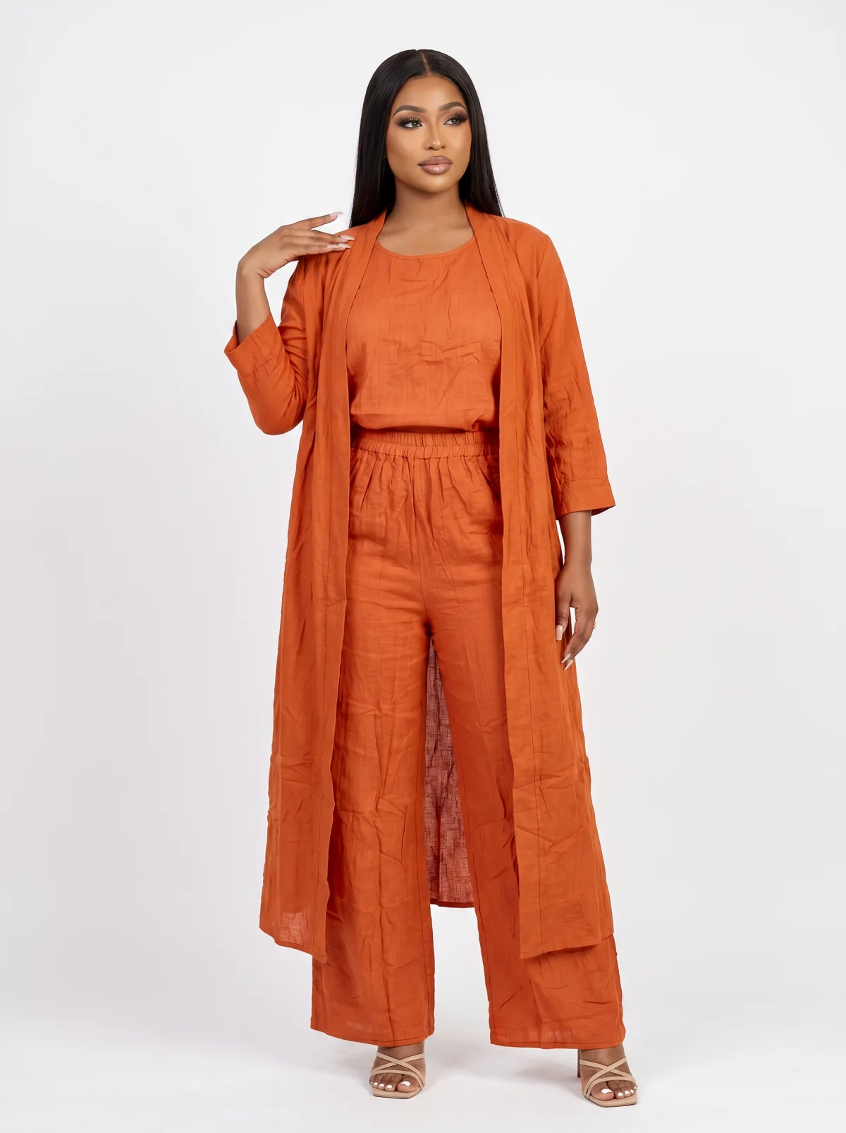Citrus Luxe Three-Piece Linen Set — Vibrant Orange Duster, Top & Trousers