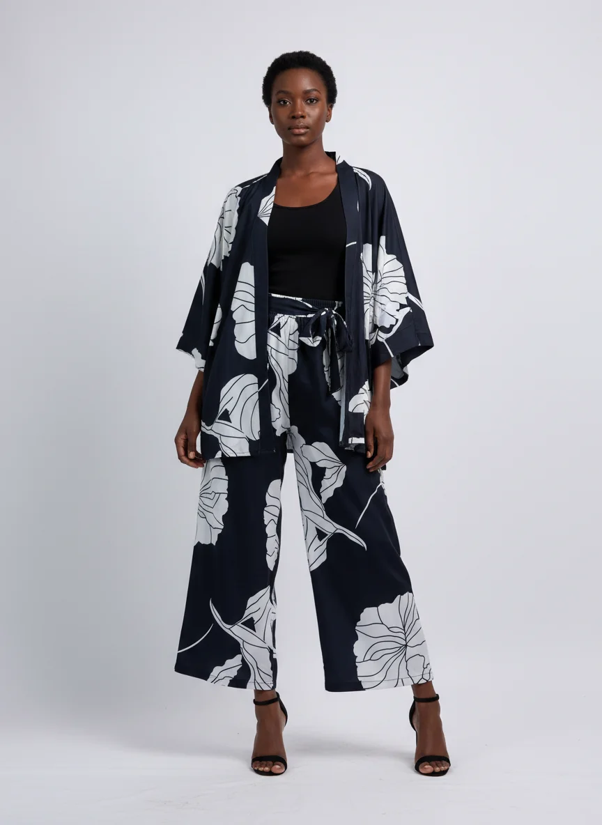 Noir Bloom Three-Piece Set — Black & White Bold Floral Co-ord with Sash