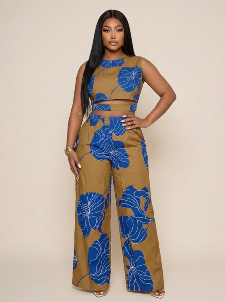 Wrap & Bloom Two-Piece Co-ord Set — Camel Brown & Royal Blue Floral