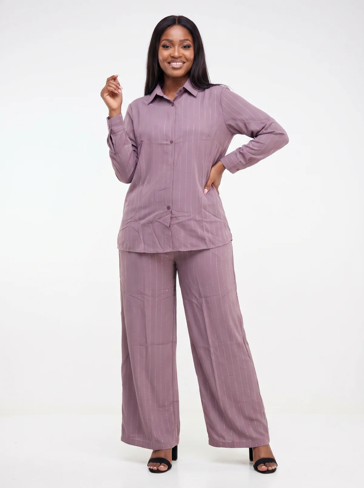 Rose Shimmer Two-Piece Co-ord Set — Mauve Pink & Silver Dotted Stripe