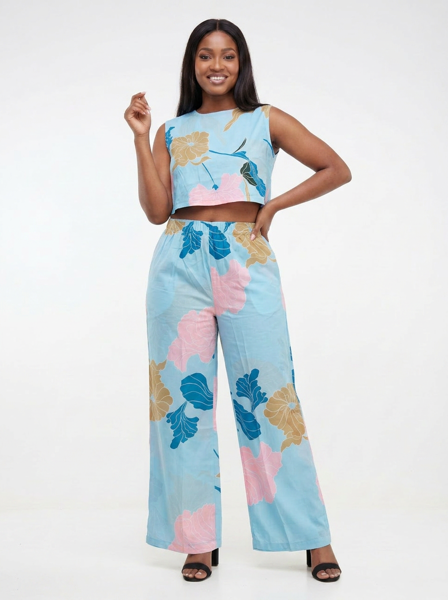 Tropical Paradise Two-Piece Co-ord Set — Sky Blue, Pink, Gold & Teal Floral