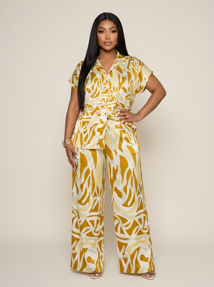 Liquid Gold Two-Piece Co-ord Set — Amber, Cream & Mint Abstract Flame Print